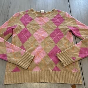 J Crew Tan Pink Argyle Sweater Women’s Sz S Merino Wool Angora Academia Preppy